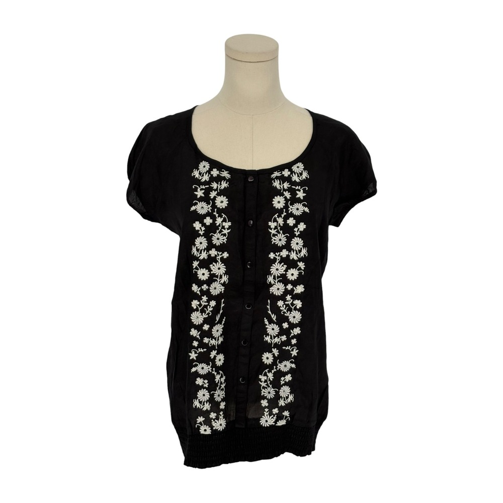 Annabelle Blouse Black Floral Embroidered Smocked Hem Button Front Large